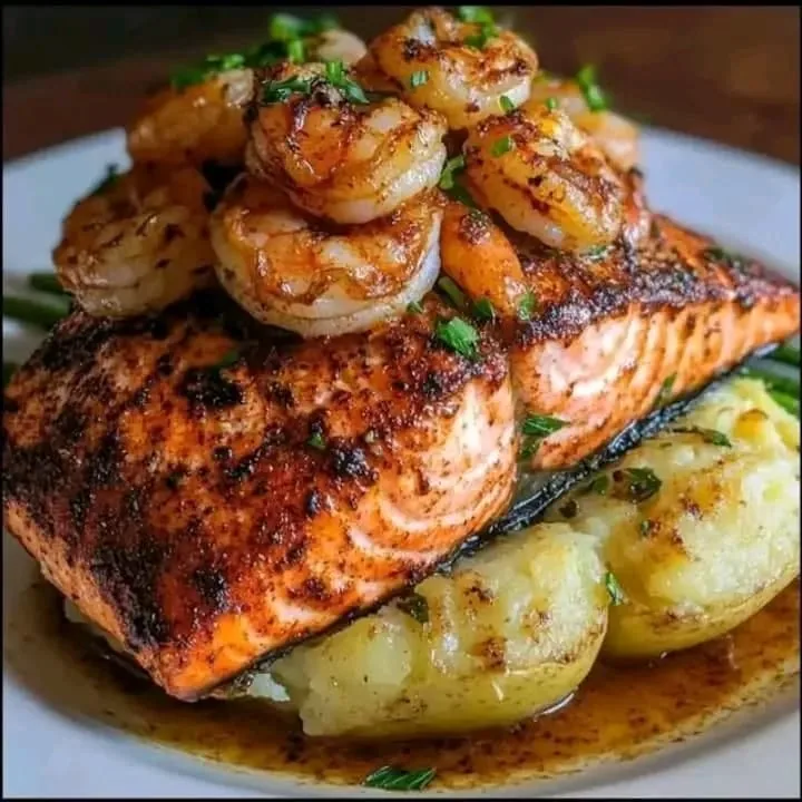 A salmon fillet topped with prawns, served over potatoes
