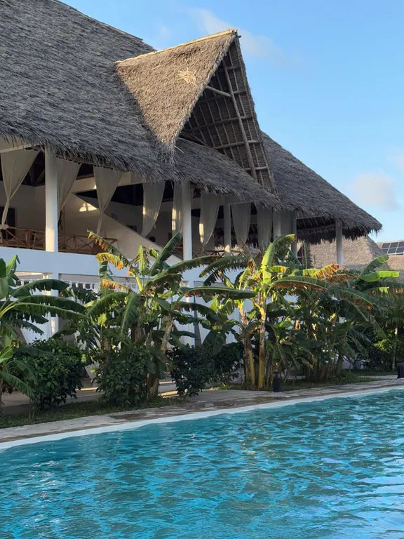 Shared-pool edge below a large thatched roof and tropical planting