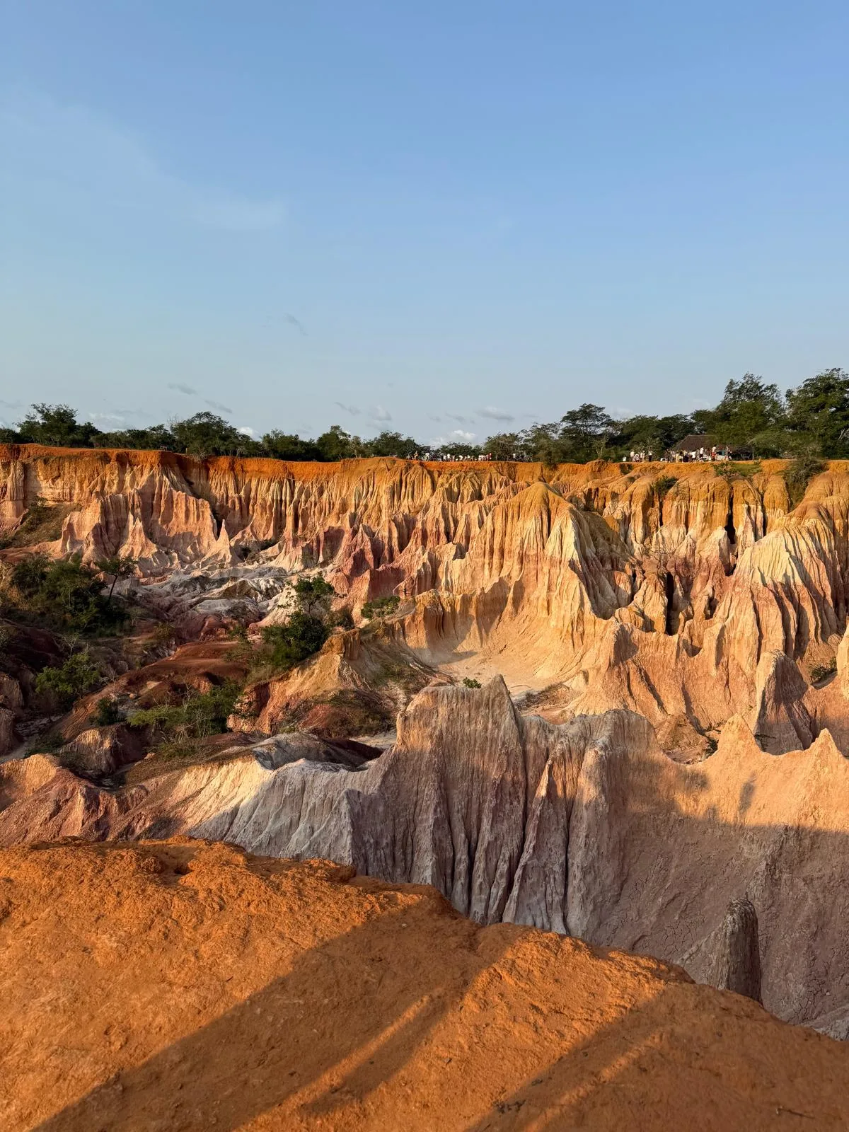 Tall eroded canyon walls in ochre and pale pink beneath a blue sky